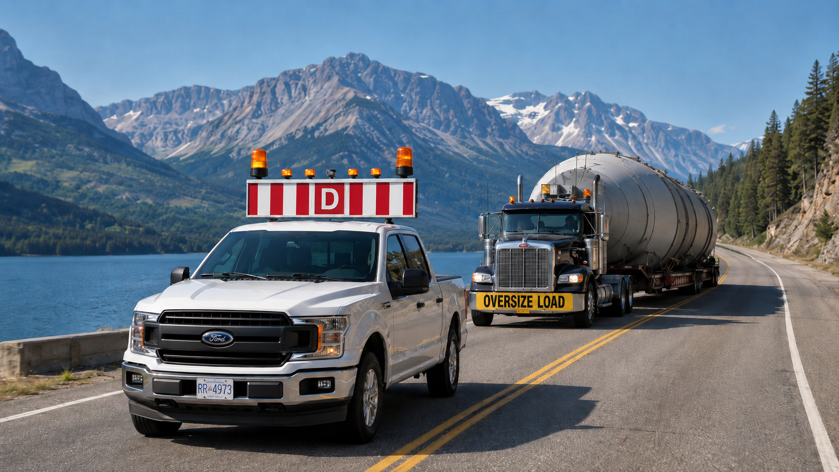 Pilot truck with D sign supporting an oversize load escort on a British Columbia mountain route.
