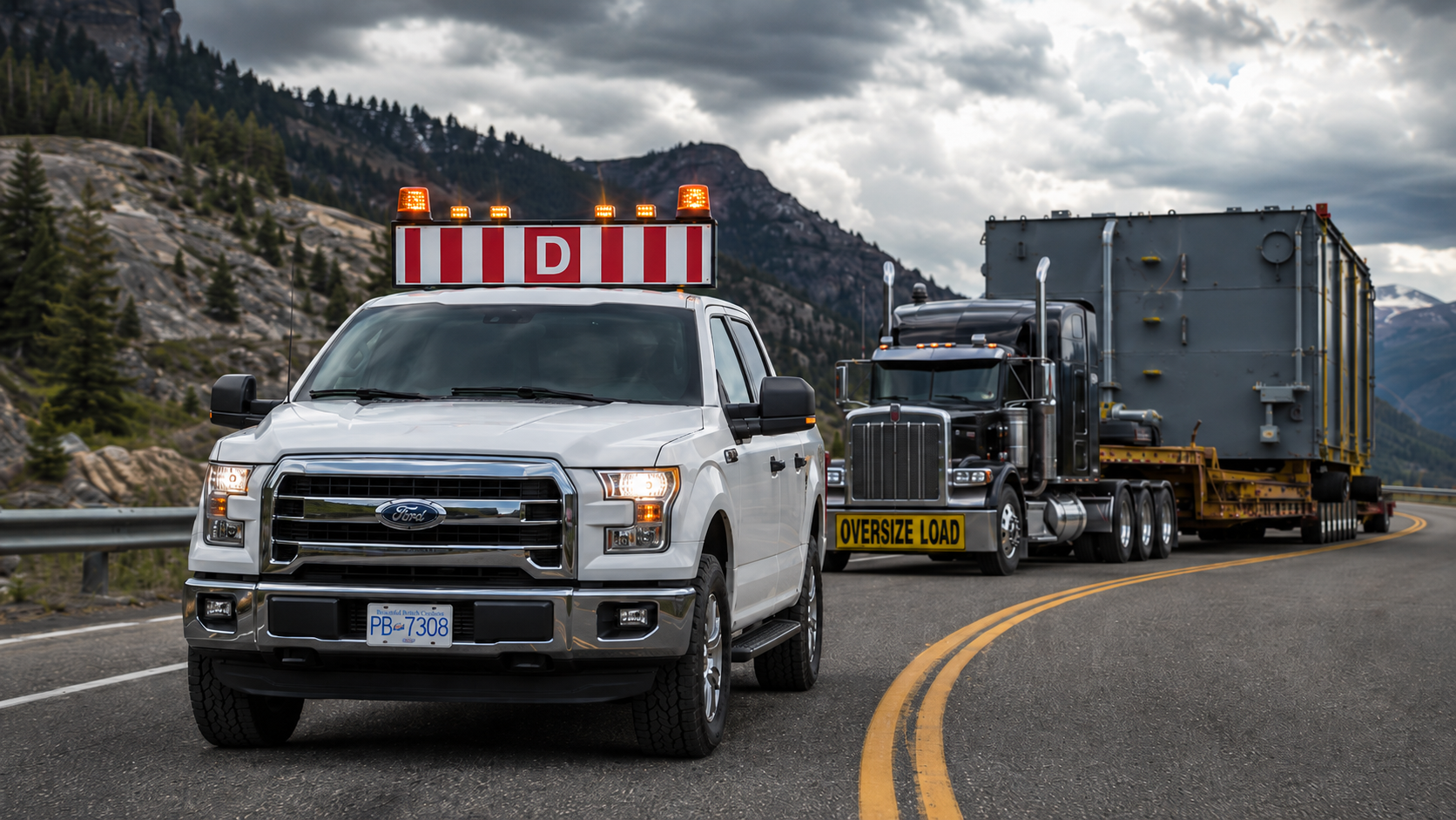 Pilot truck with oversize load signage supporting an escorted heavy-haul move on a British Columbia highway.
