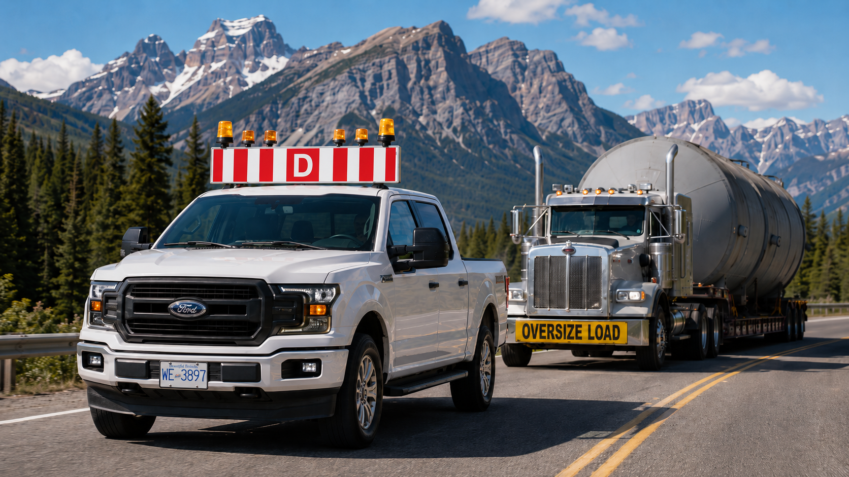 Pilot truck escorting a heavy-haul oversize load through a mountain highway corridor in Western Canada.