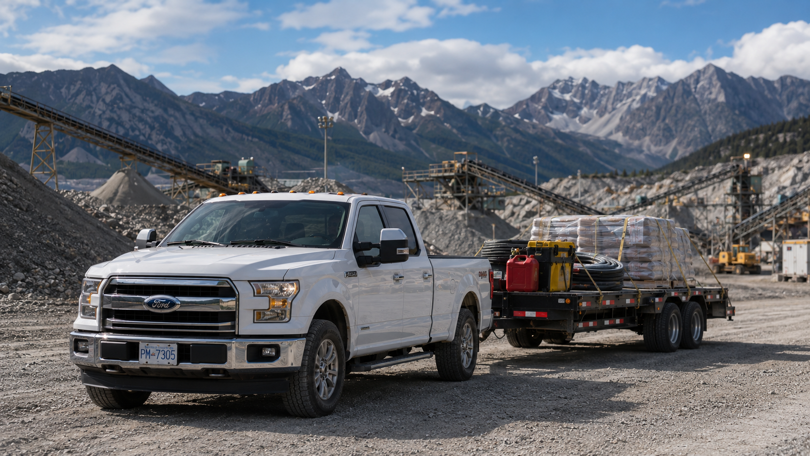 White pickup truck towing a trailer loaded with mining supplies at an active quarry site for hot shot delivery in British Columbia.