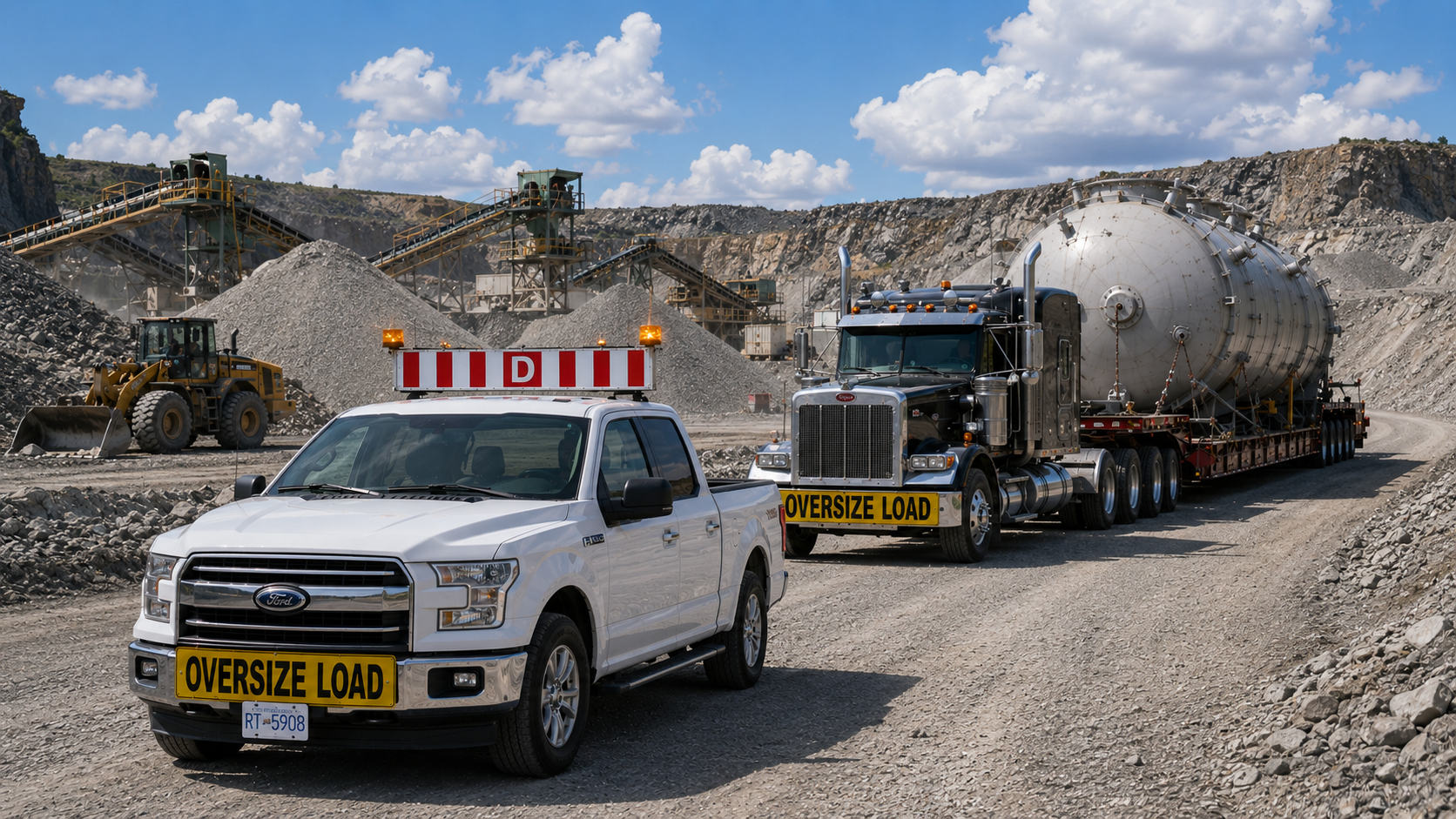 Pilot truck escorting an oversize load through a quarry site where permit conditions and route access must be reviewed.