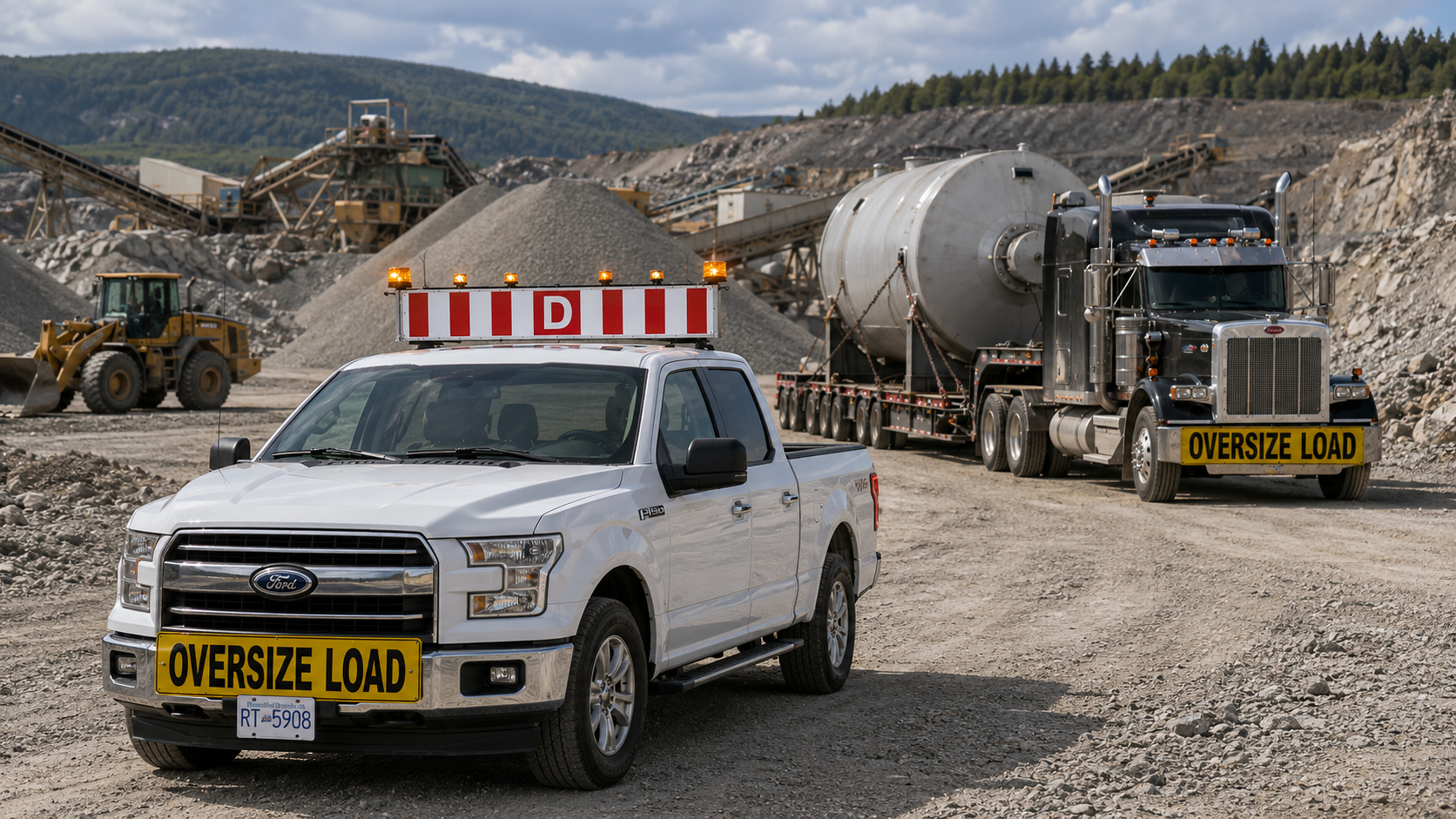 Pilot truck and heavy-haul oversize load staged at a BC mining site before a move.