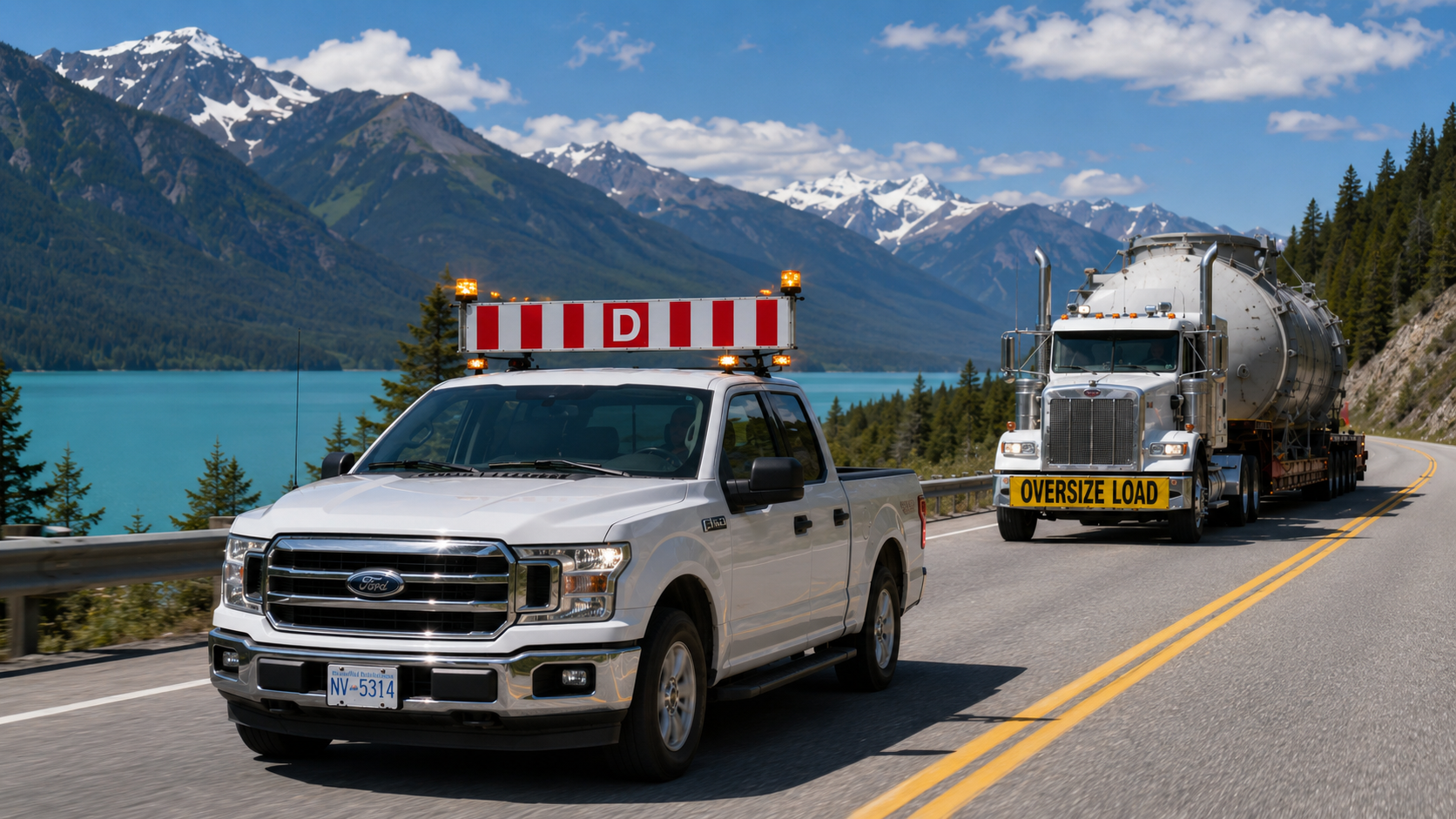 White Ford F-150 pilot truck escorting a semi truck with an oversize load on a mountain highway beside a BC lake.