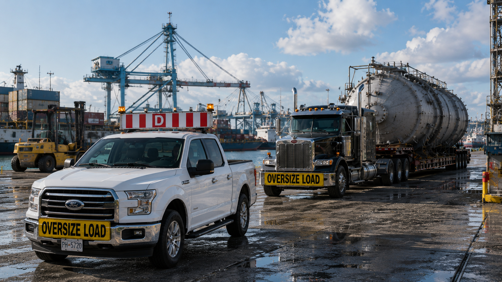 Pilot truck escorting an oversize load through a British Columbia port and industrial site corridor.