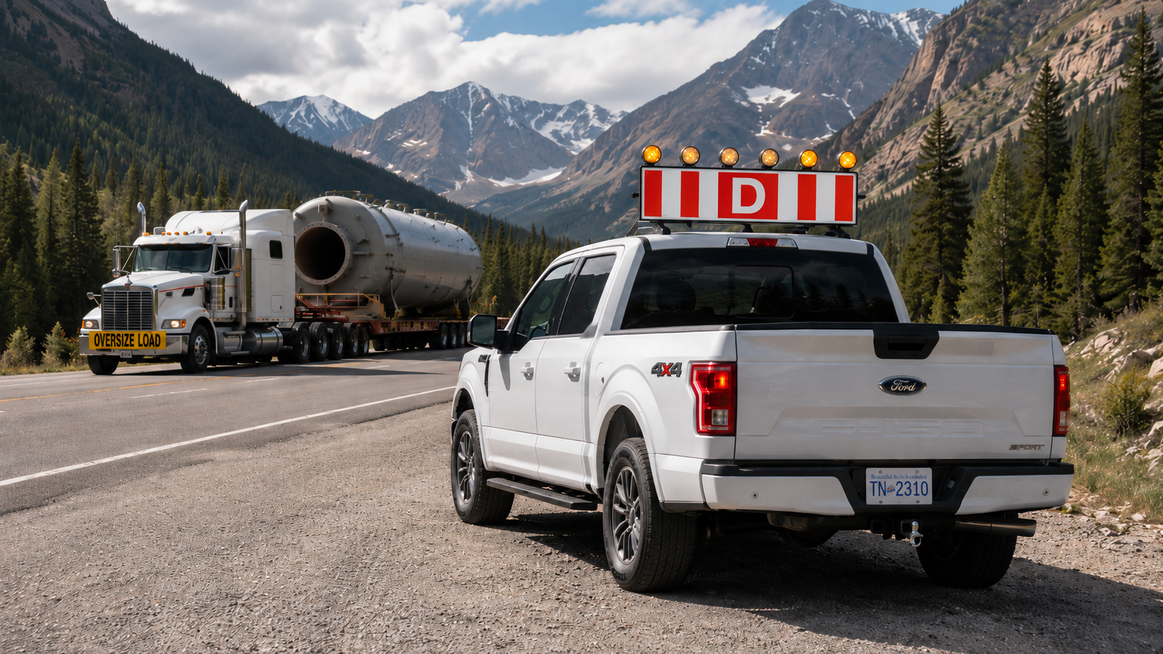 Ford F-150 pilot truck leading a semi hauling an oversize load on a western Canadian highway corridor.