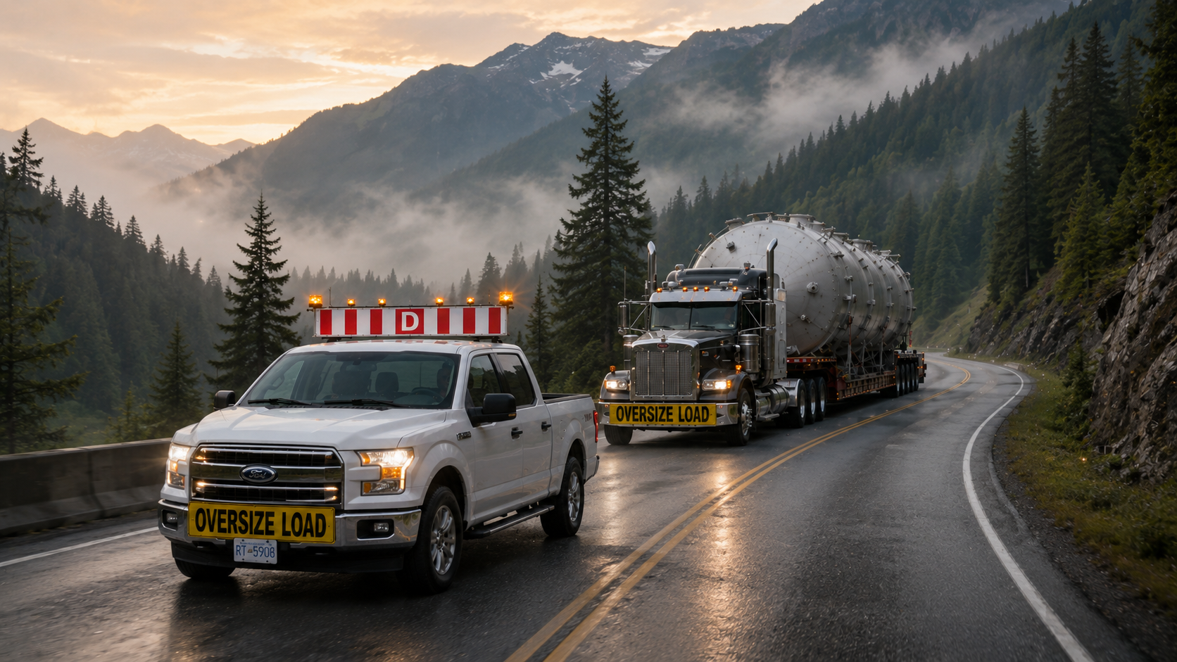 Pilot truck escorting an oversize load through a wet mountain pass where route clearance and access planning are important.