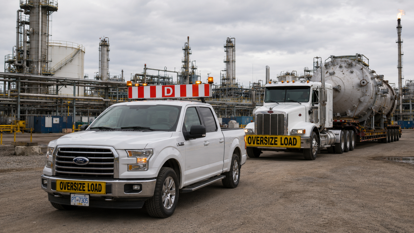 Pilot truck escorting an oversize load through an Alberta oil and gas industrial site.